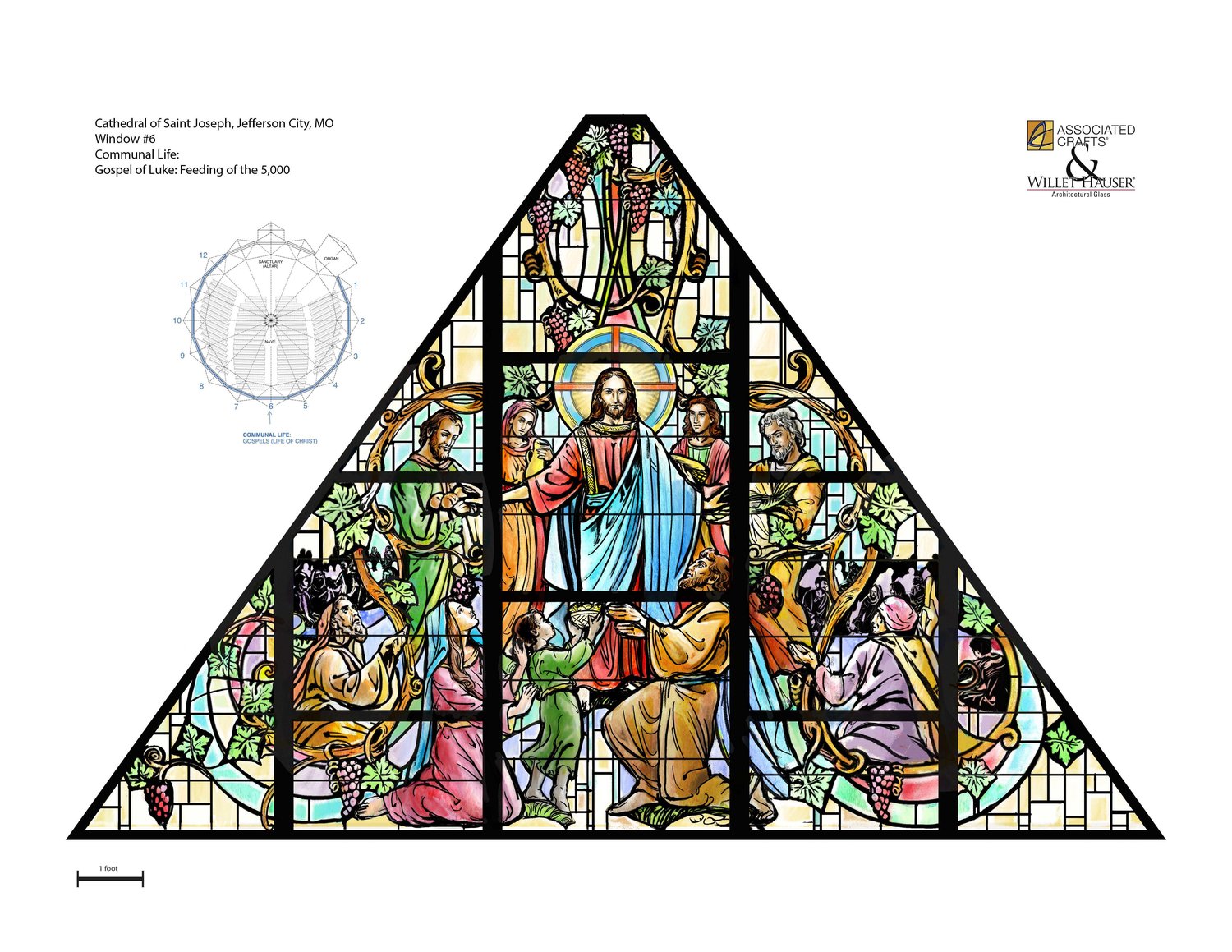 This is the final design from which artisans created the window depicting Jesus miraculously feeding the multitudes.